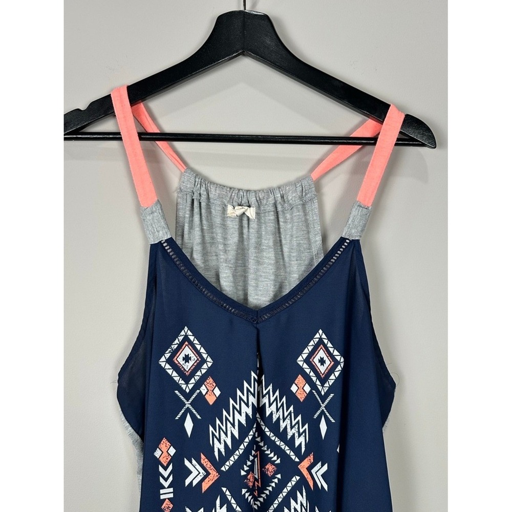 Rewind 1X Navy Blue Geometric Print Tank Top Women's Layered Look Coral Straps‎ - Picture 2 of 7